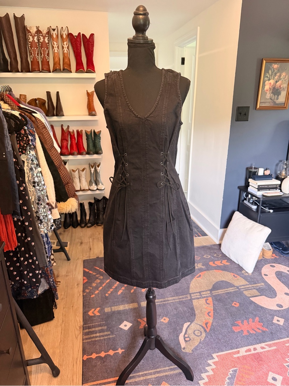Idyllwind Black Sleeveless Lace-Up Denim Dress